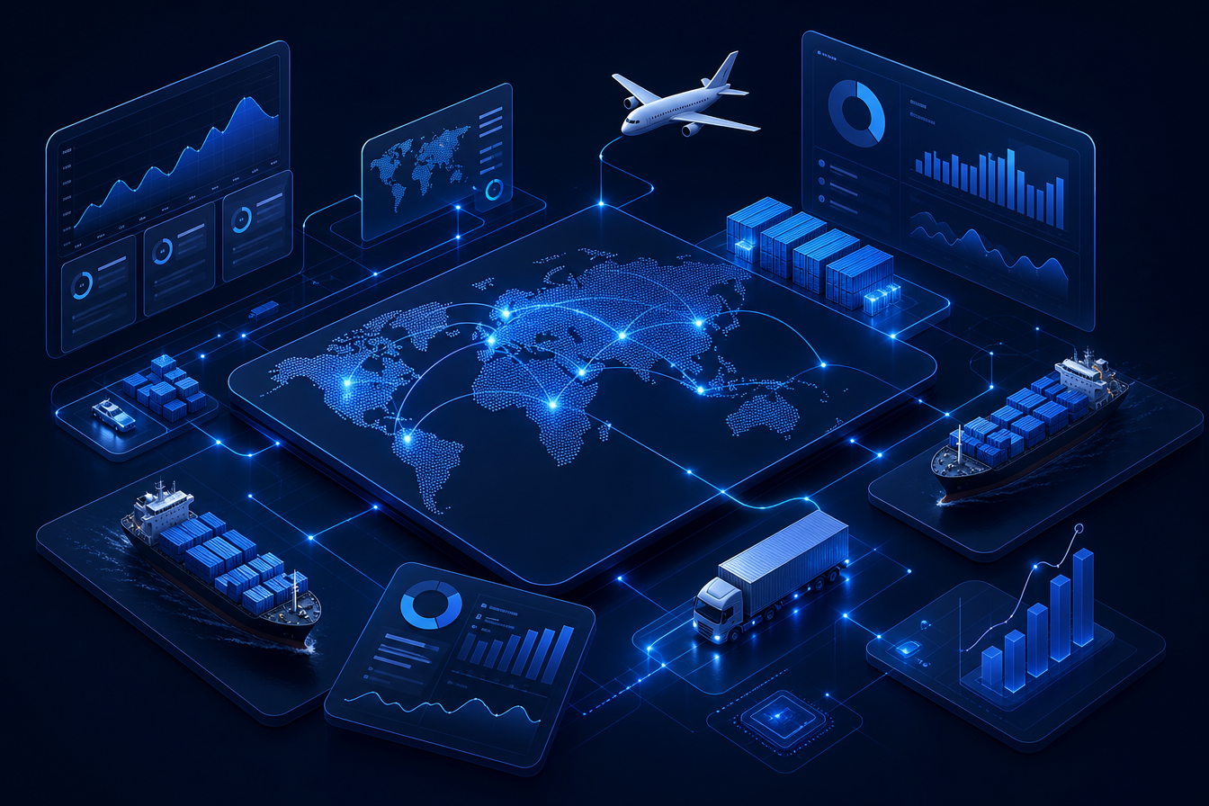 Global supply chain intelligence dashboard connecting shipments, finance and analytics across a world map